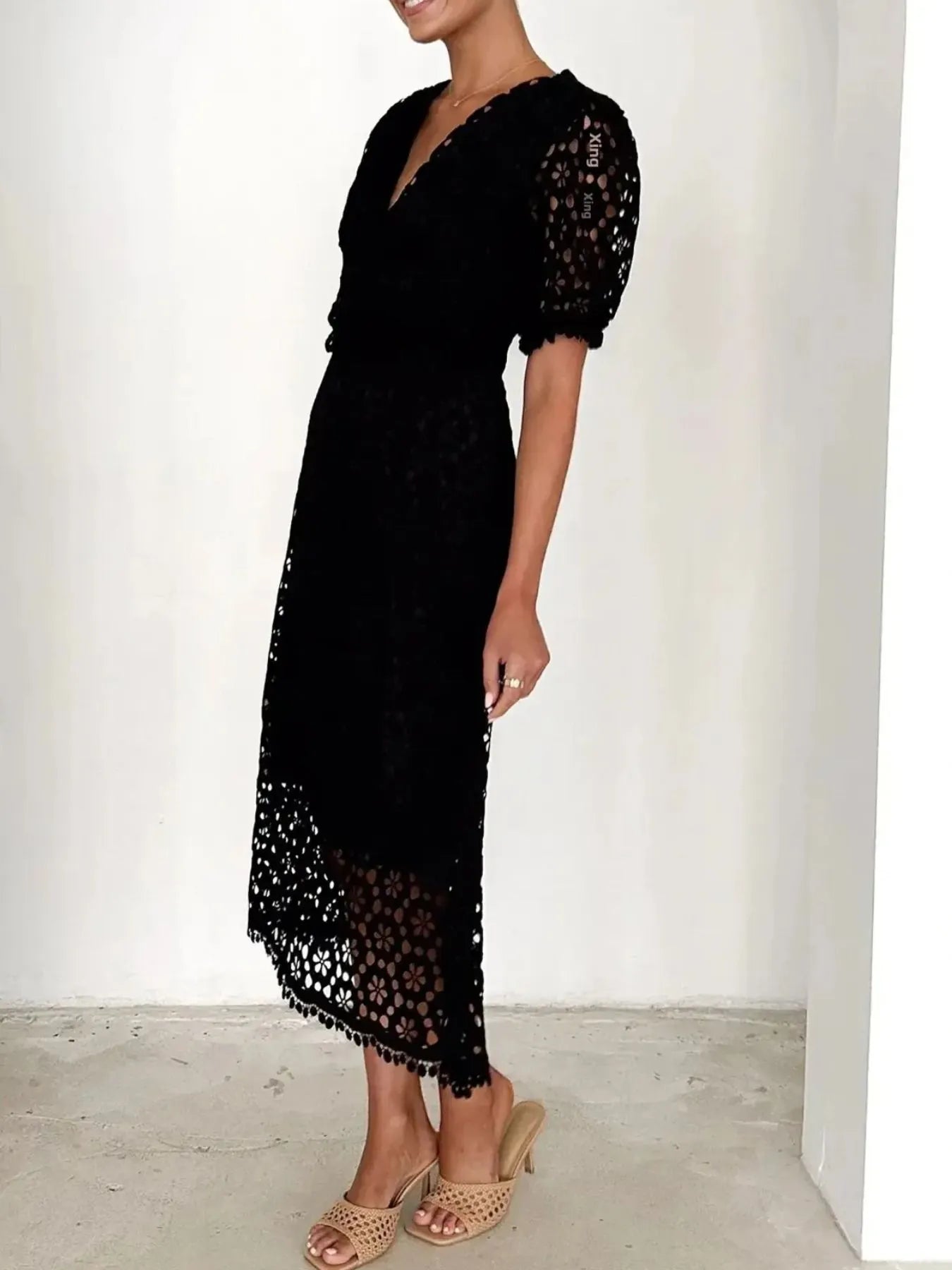 Eyelet Lace V-Neck Midi Dress with Puff Sleeves