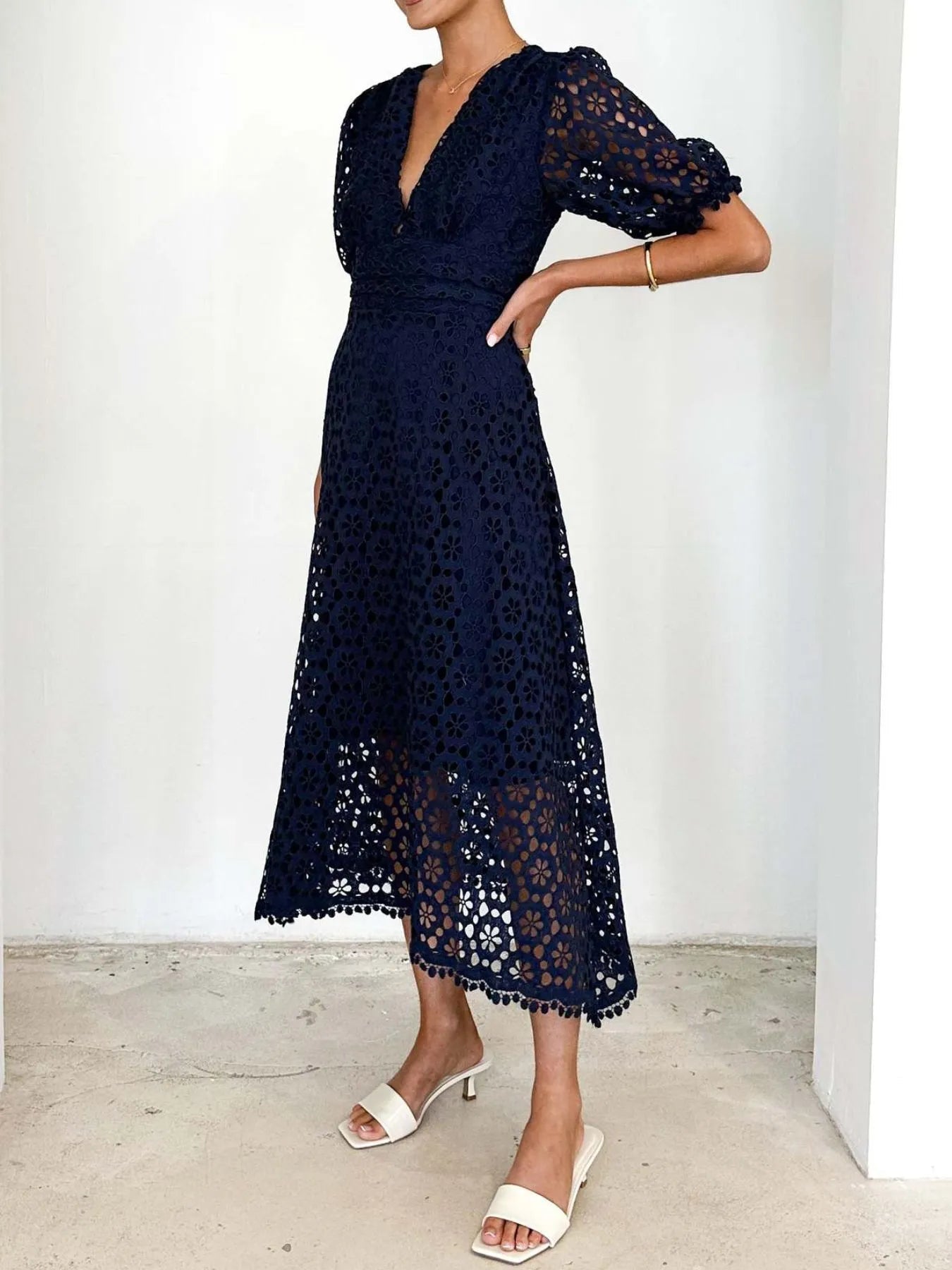 Eyelet Lace V-Neck Midi Dress with Puff Sleeves