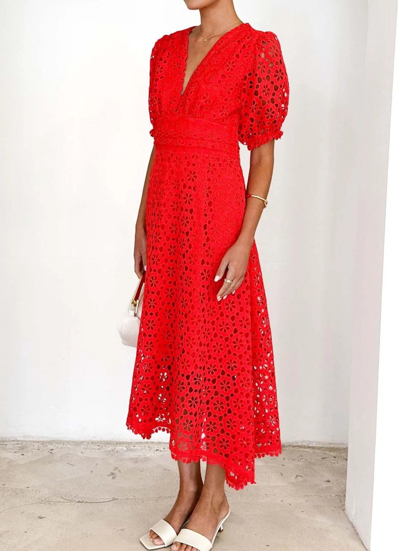 Eyelet Lace V-Neck Midi Dress with Puff Sleeves