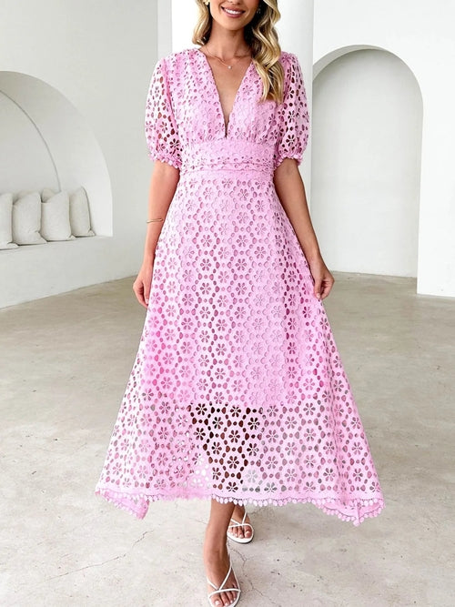 Eyelet Lace V-Neck Midi Dress with Puff Sleeves